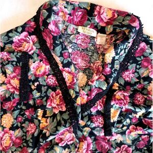 Victorias Secret Robe Large Black Floral Gold Label Cotton Crochet Trim Vintage